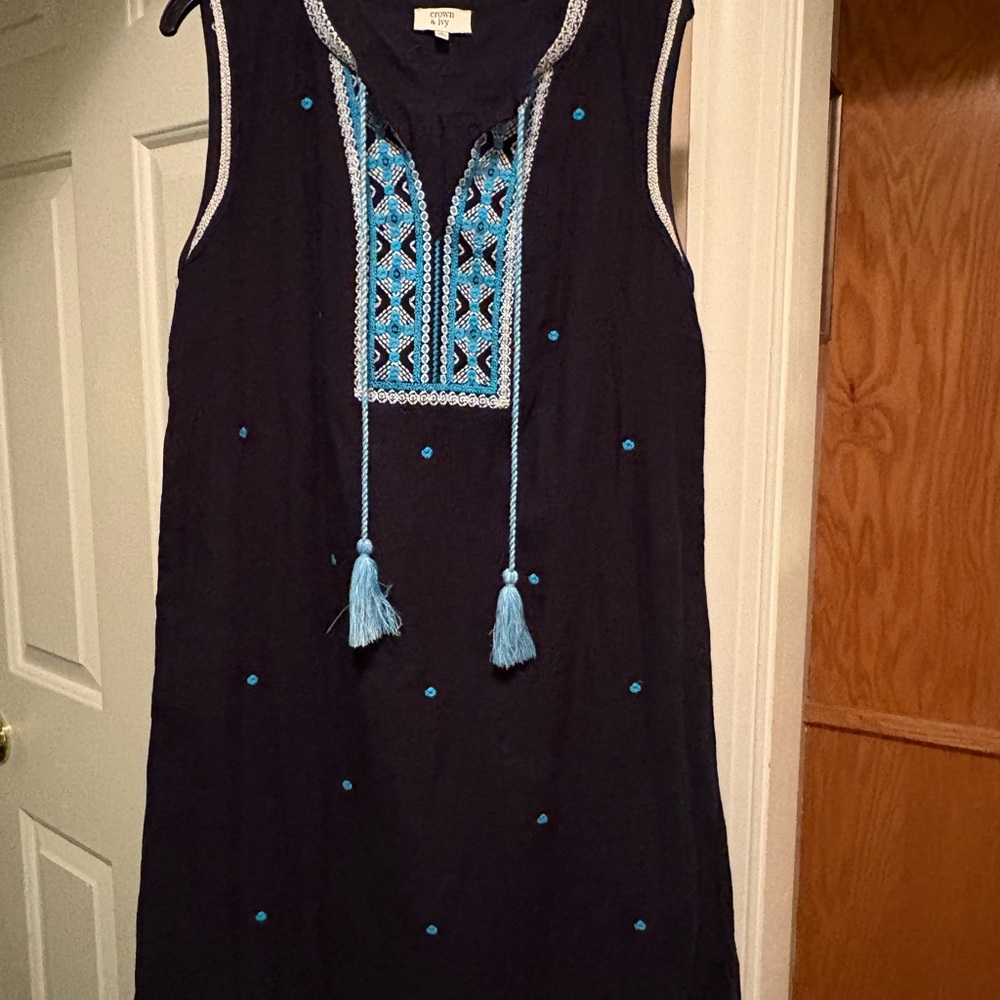 Crown & Ivy Navy Blue Dress with Light Blue Embroidery